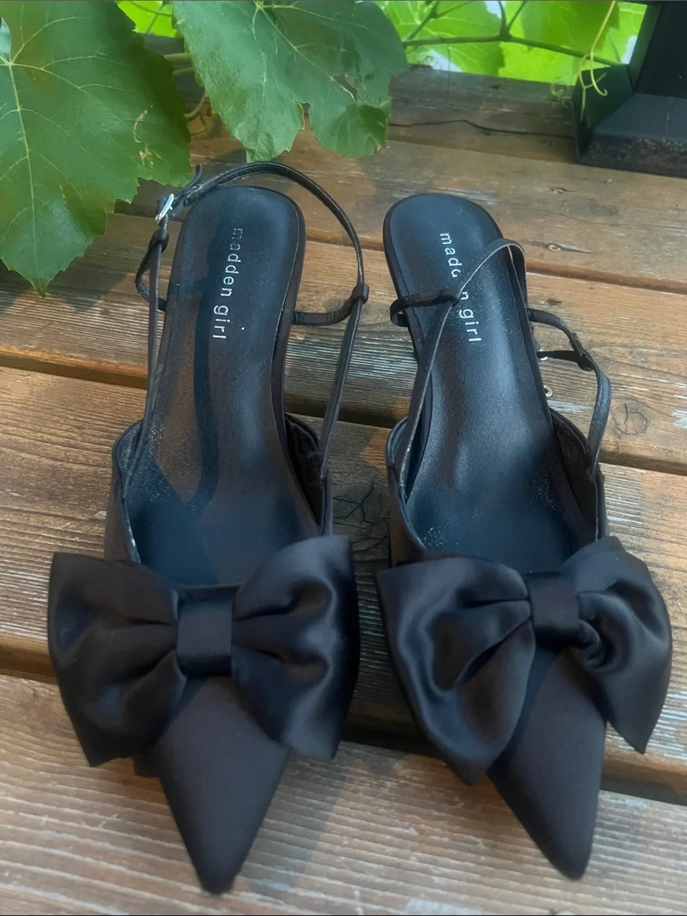 Madden Girl Black Satin Bow Pointed Slingback Heels